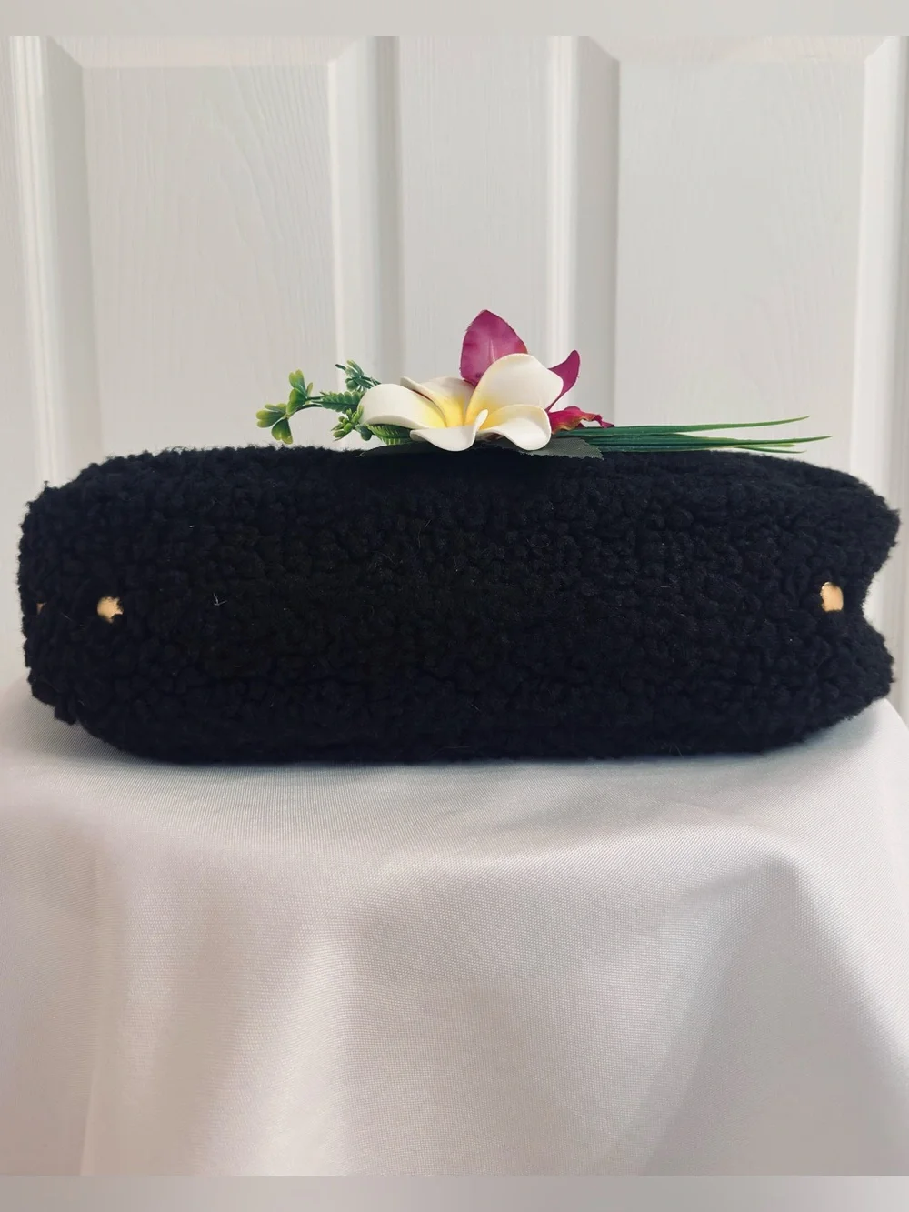 HAMMITT ~ Black Sherpa Shoulder Bag with Gold Hardware and Red Monogram Interior